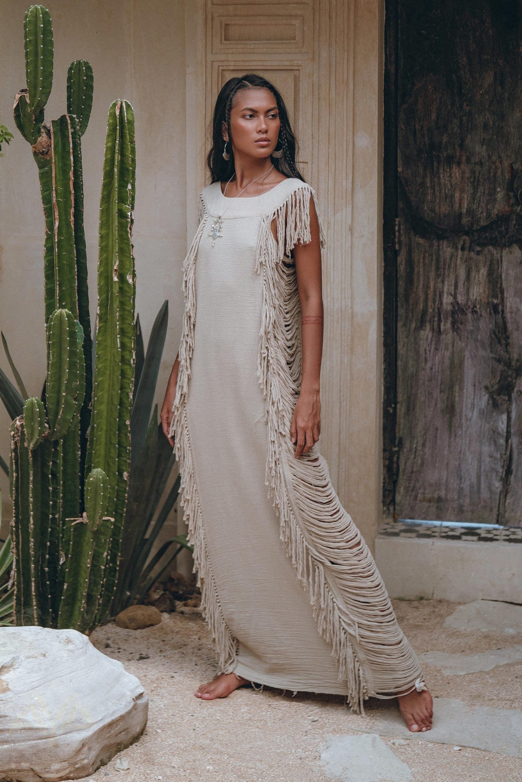 Light Olive Boho Goddess Frayed Maxi Dress Tribal